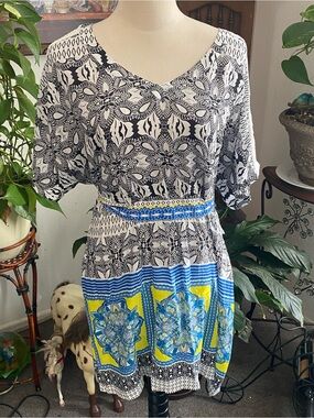Green Dragon Black & White Mini Dress with Blue and Yellow Accents